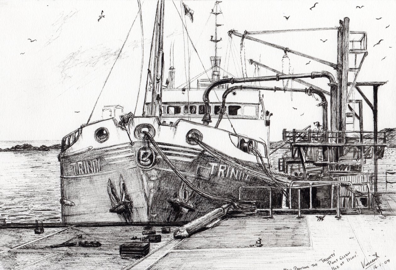 The Trinity port Ellen Isle of Islay, 2007, (blæk på papir) af Vincent Alexander Booth