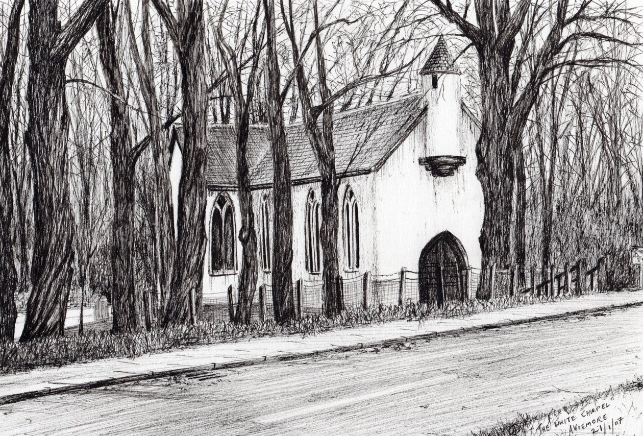 The White Chapel Aviemore, 2007, (blæk på papir) af Vincent Alexander Booth