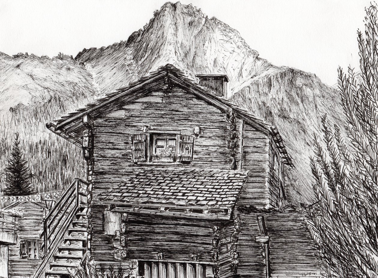 Udsigt fra B&B Zinal Switzerland, 2011, (blæk på papir) af Vincent Alexander Booth