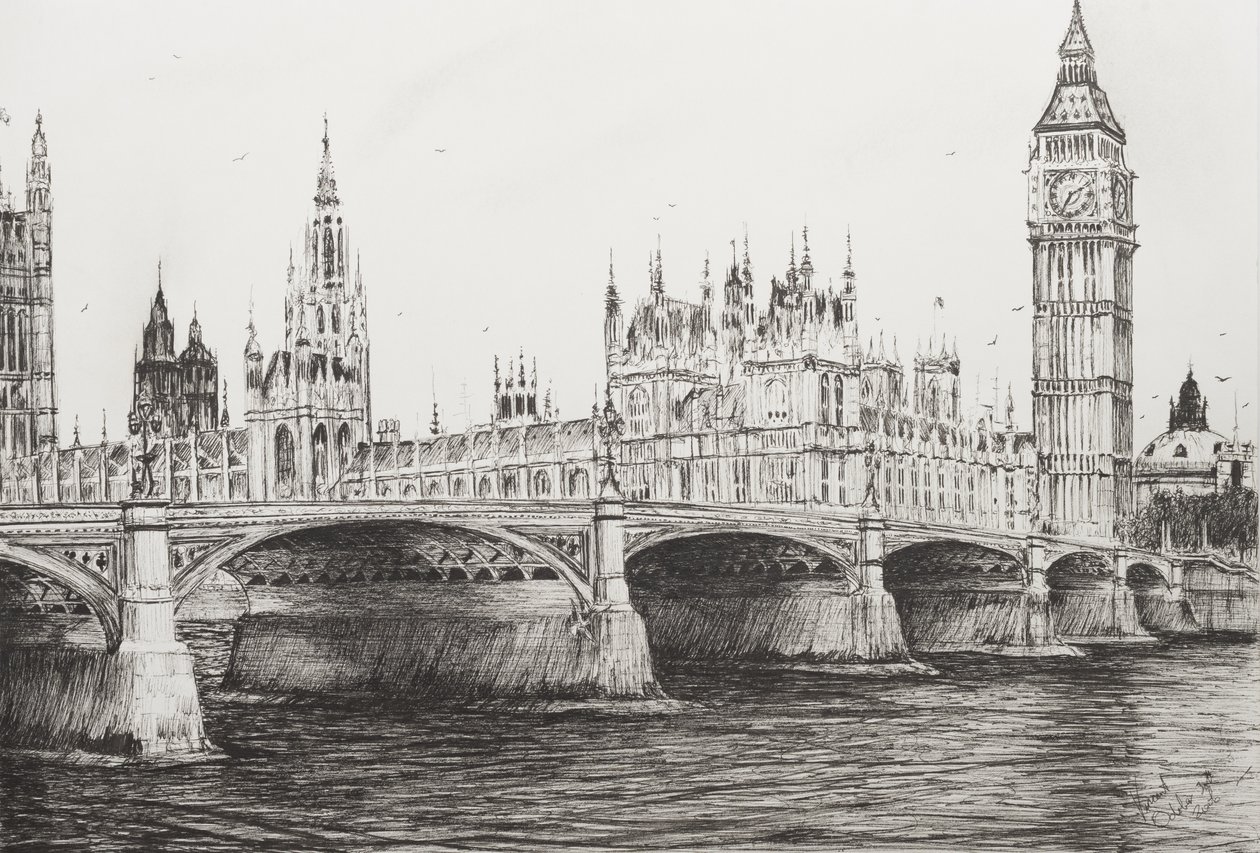 Westminster Bridge London, 2006, (blæk på papir) af Vincent Alexander Booth