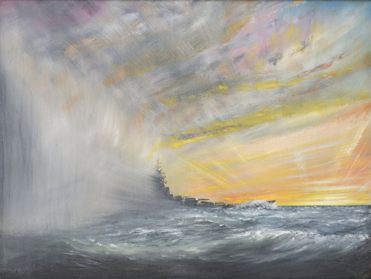 Yamato dukker op fra Pacific Typhoon 1944, 2010, (Olie on Canvas) af Vincent Alexander Booth