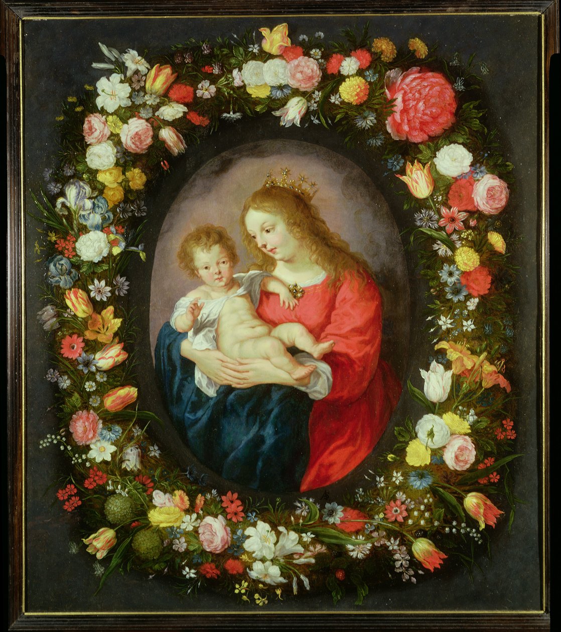 Madonna og barn i en blomsterkrans (olie) af Vincent Sellaer