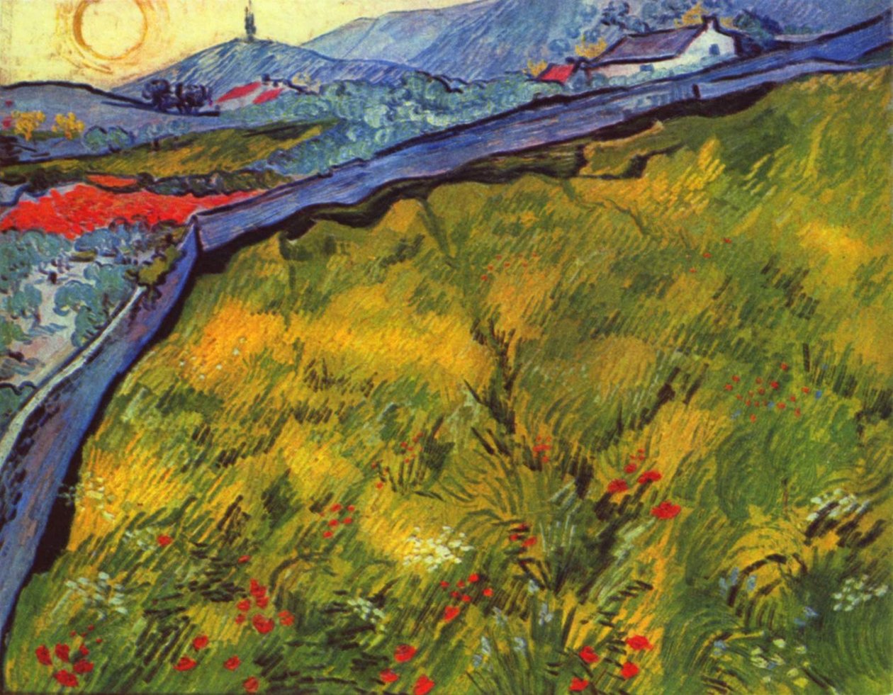 Bjerglandskab ved solopgang med en indhegnet eng af Vincent van Gogh
