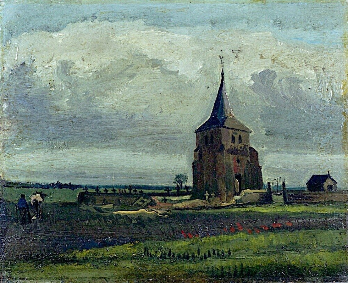 Det gamle kirkegårdstårn i Nuenen med bønder, der plager af Vincent van Gogh
