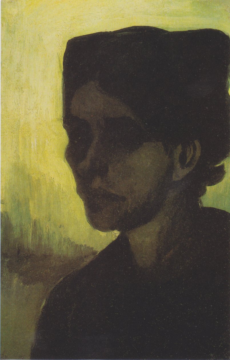 Hoved af en ung bondekvinde med en mørk motorhjelm af Vincent van Gogh