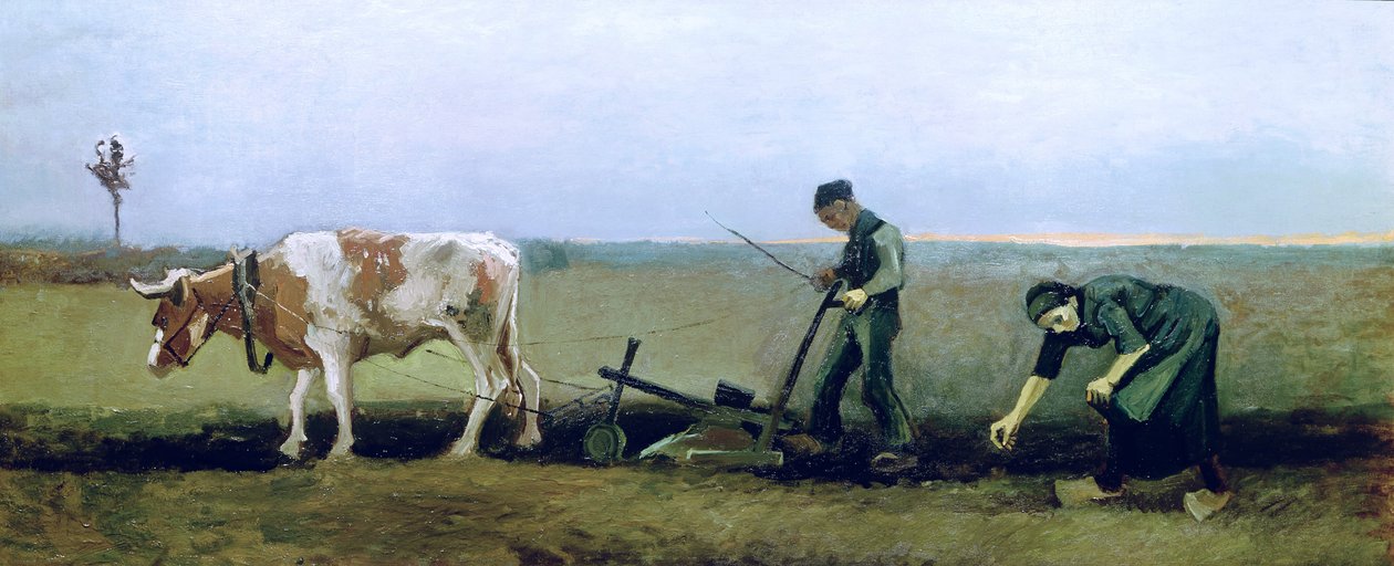 Arbejdsmand og bonde ved plantning af kartofler, 1884 af Vincent van Gogh