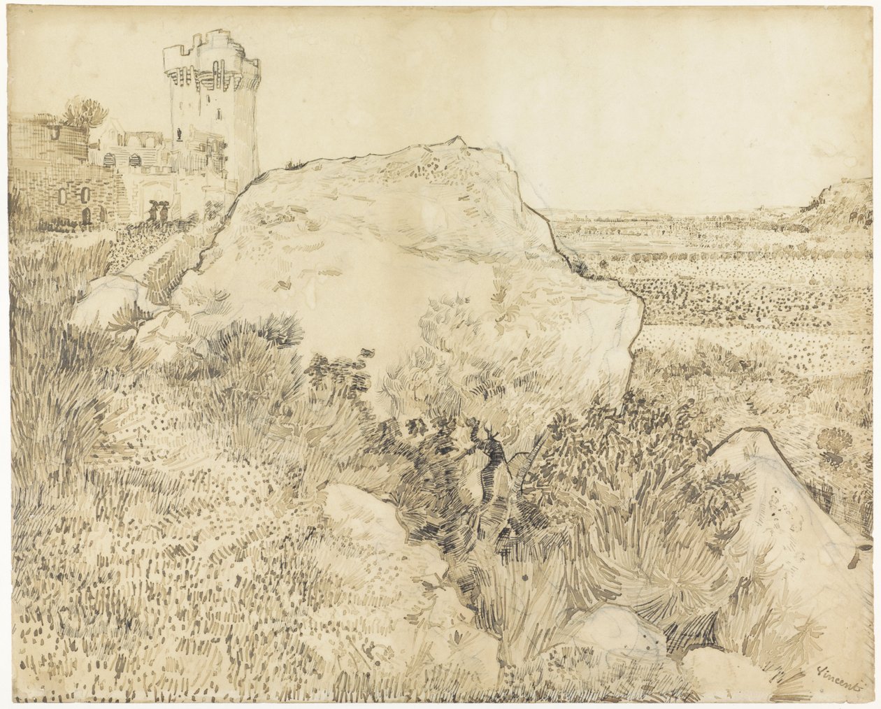 Landskab ved Montmajour Abbey i Arles, 1888 (pen på papir) af Vincent van Gogh