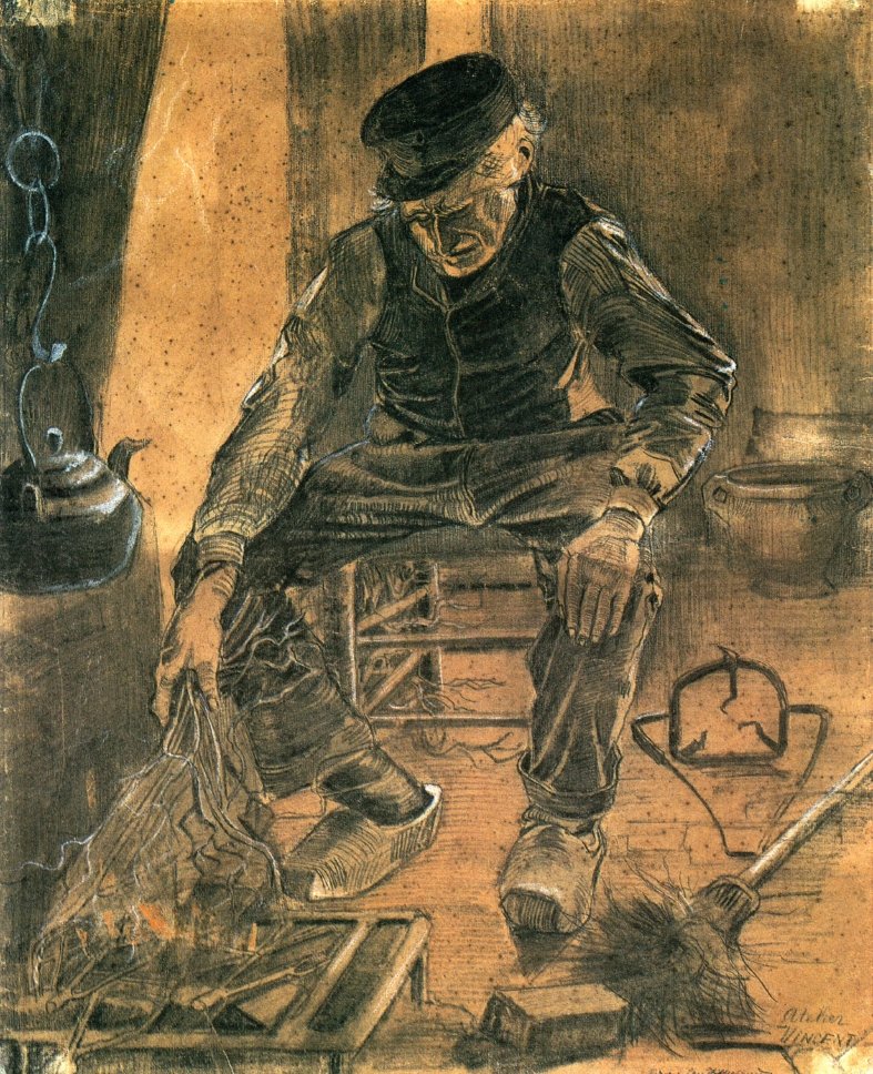 Gammel mand ved branden af Vincent van Gogh