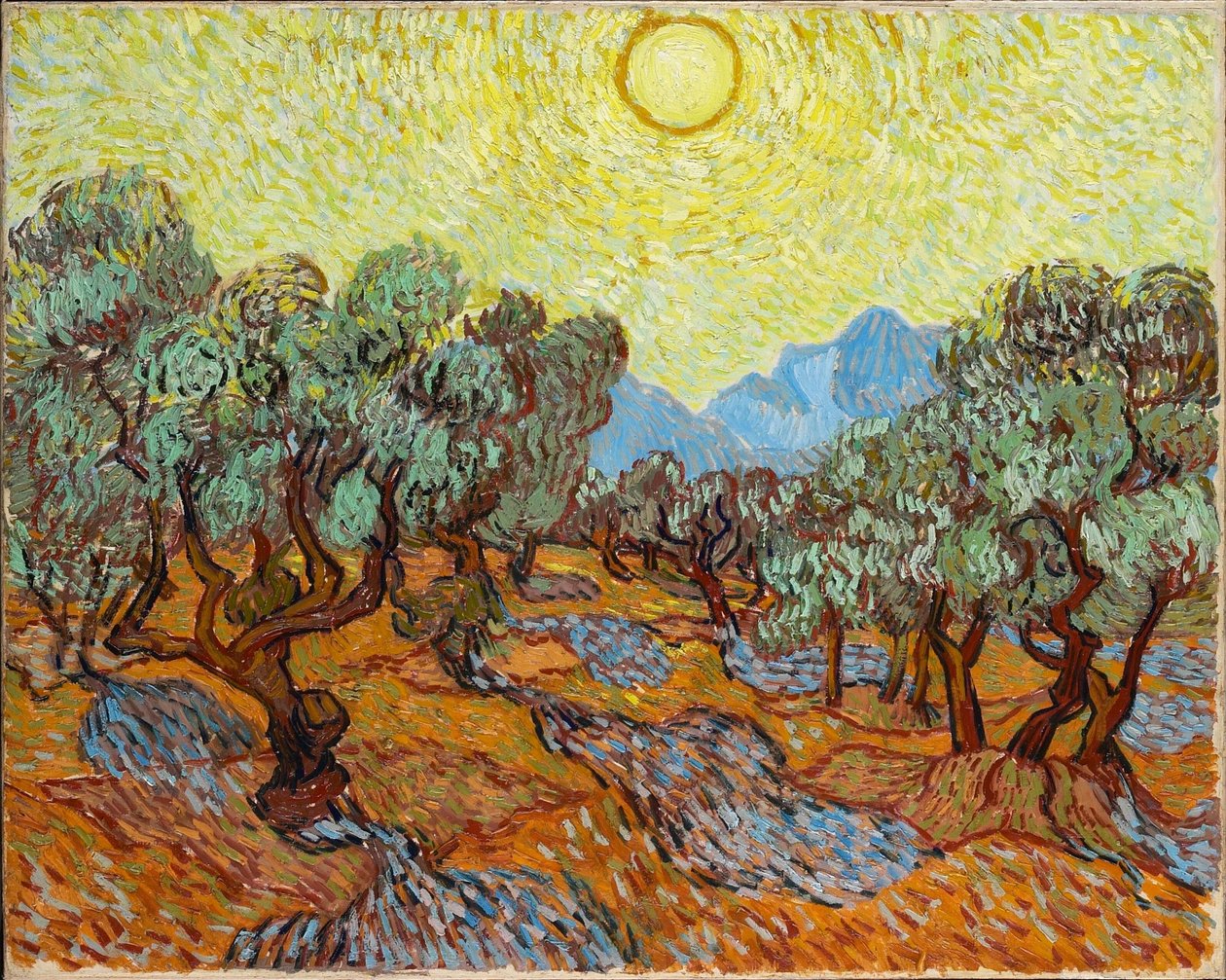 Oliventræer med gul himmel og sol af Vincent van Gogh