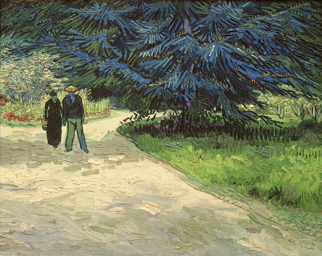 Offentlig have med par og blågran: Poetens have III, 1888 af Vincent van Gogh