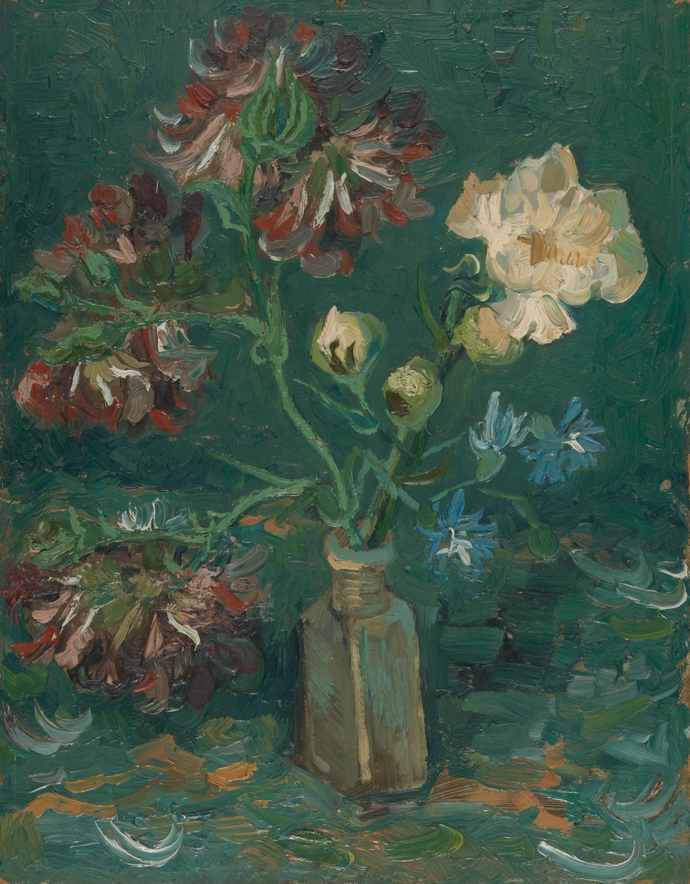 Lille flaske med pæoner og blå Delphiniums af Vincent van Gogh