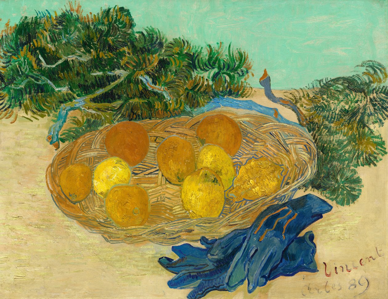 Stilleben af appelsiner og citroner med blå handsker af Vincent van Gogh