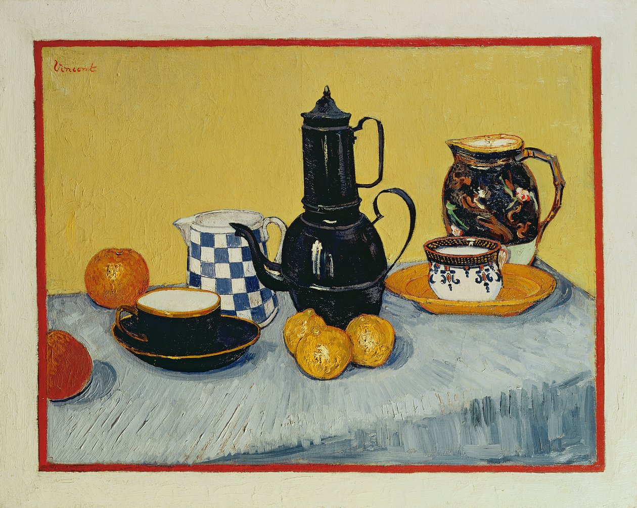 Stilleben med kaffekande med blå emalje, lertøj og frugt, 1888 af Vincent van Gogh