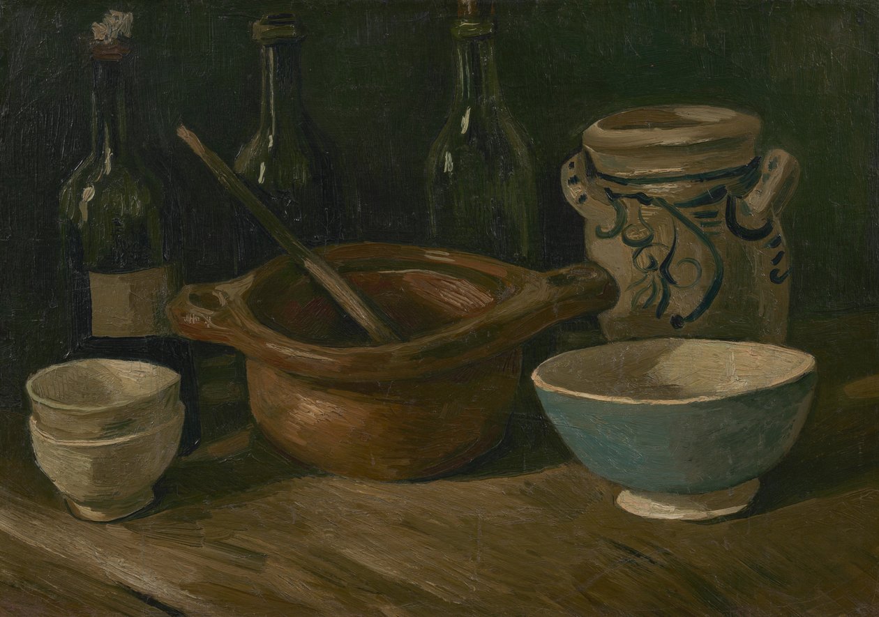 Stilleben med fajance og flasker af Vincent van Gogh