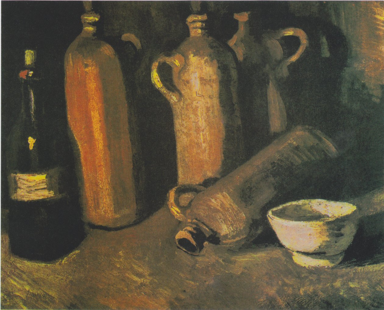 Stilleben med fire kander, flaske og hvid skål af Vincent van Gogh