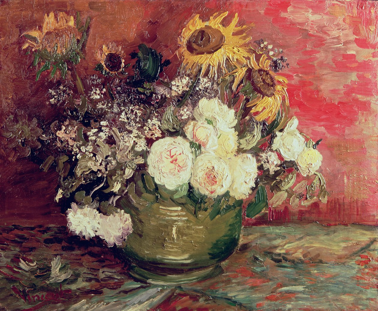 Solsikker, roser og andre blomster i en skål, 1886 af Vincent van Gogh