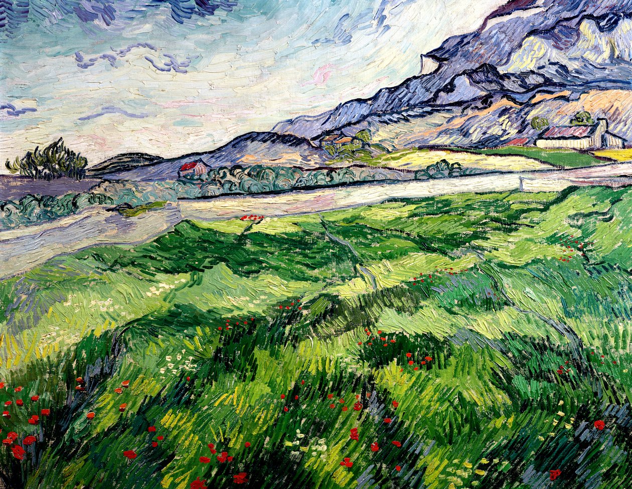Den grønne hvedemark bag asylet, 1889 af Vincent van Gogh