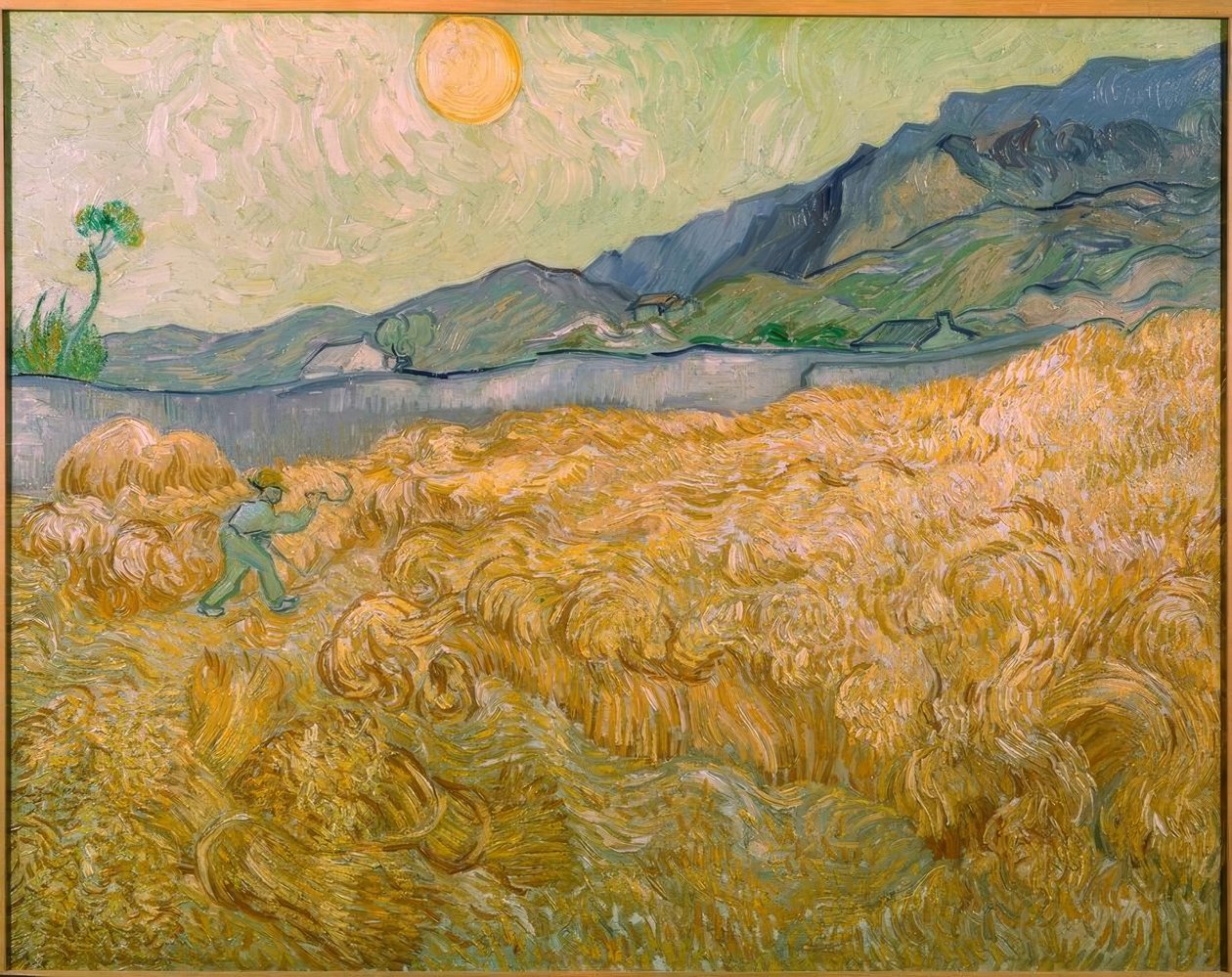 Hvedemark med høstmænd med opgående sol af Vincent van Gogh