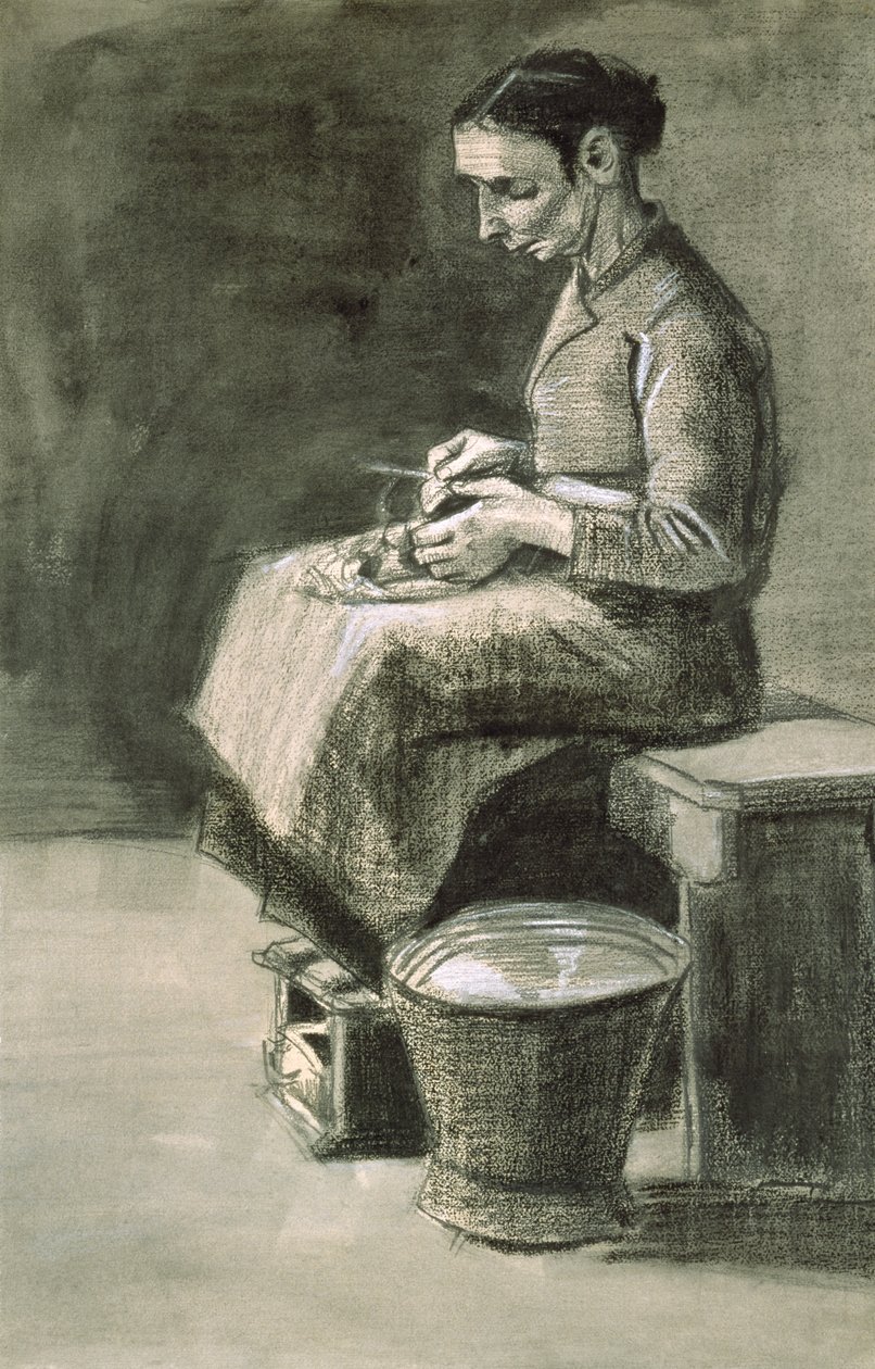 Kvinde skræller kartofler, 1882 (sort kridt og vask forhøjet med hvidt på papir) af Vincent van Gogh