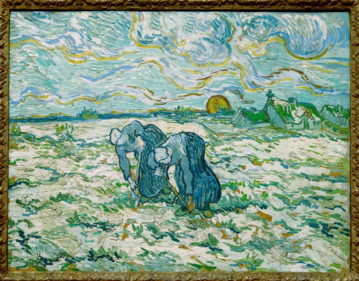 To bondekvinder graver på en snedækket mark af Vincent van Gogh