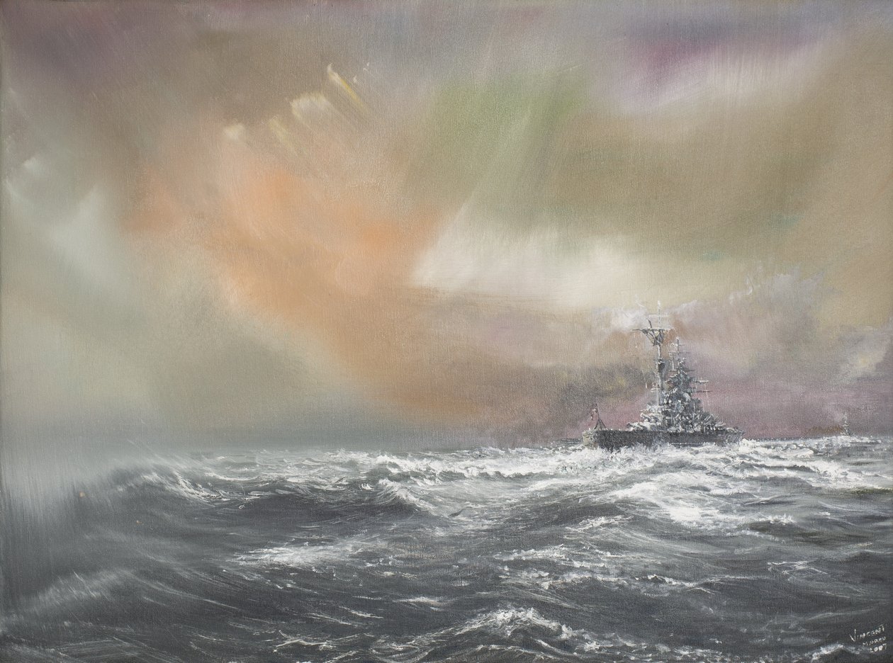 Bismarck signalerer Prinz Eugen 0959hrs 24051941, 2007, (Olie on Canvas) af Vincent Alexander Booth