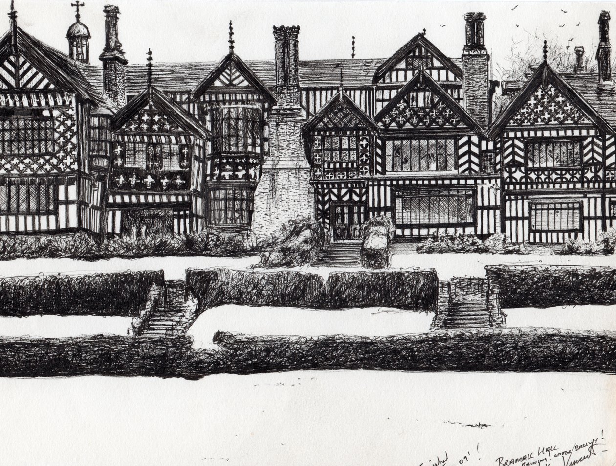 Bramall Hall Bramhall, 2004, (blæk på papir) af Vincent Alexander Booth