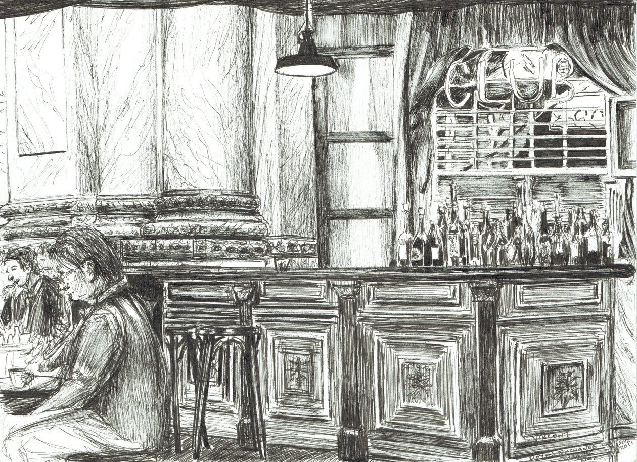 Cafe på Royal Exchange, Manchester, 2011, (blæk på papir) af Vincent Alexander Booth