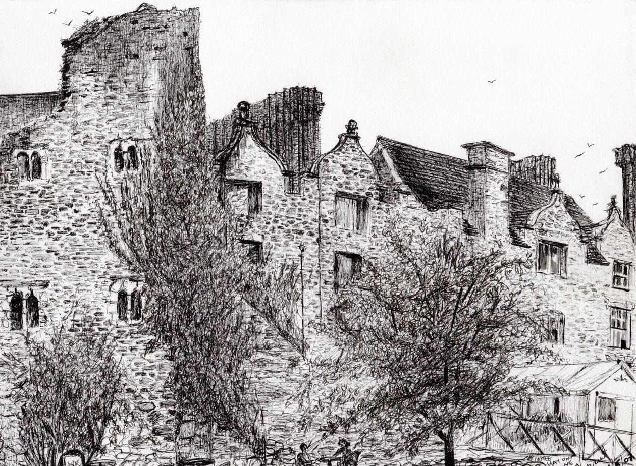 Slotsruin Hay on Wye, 2007, (blæk på papir) af Vincent Alexander Booth