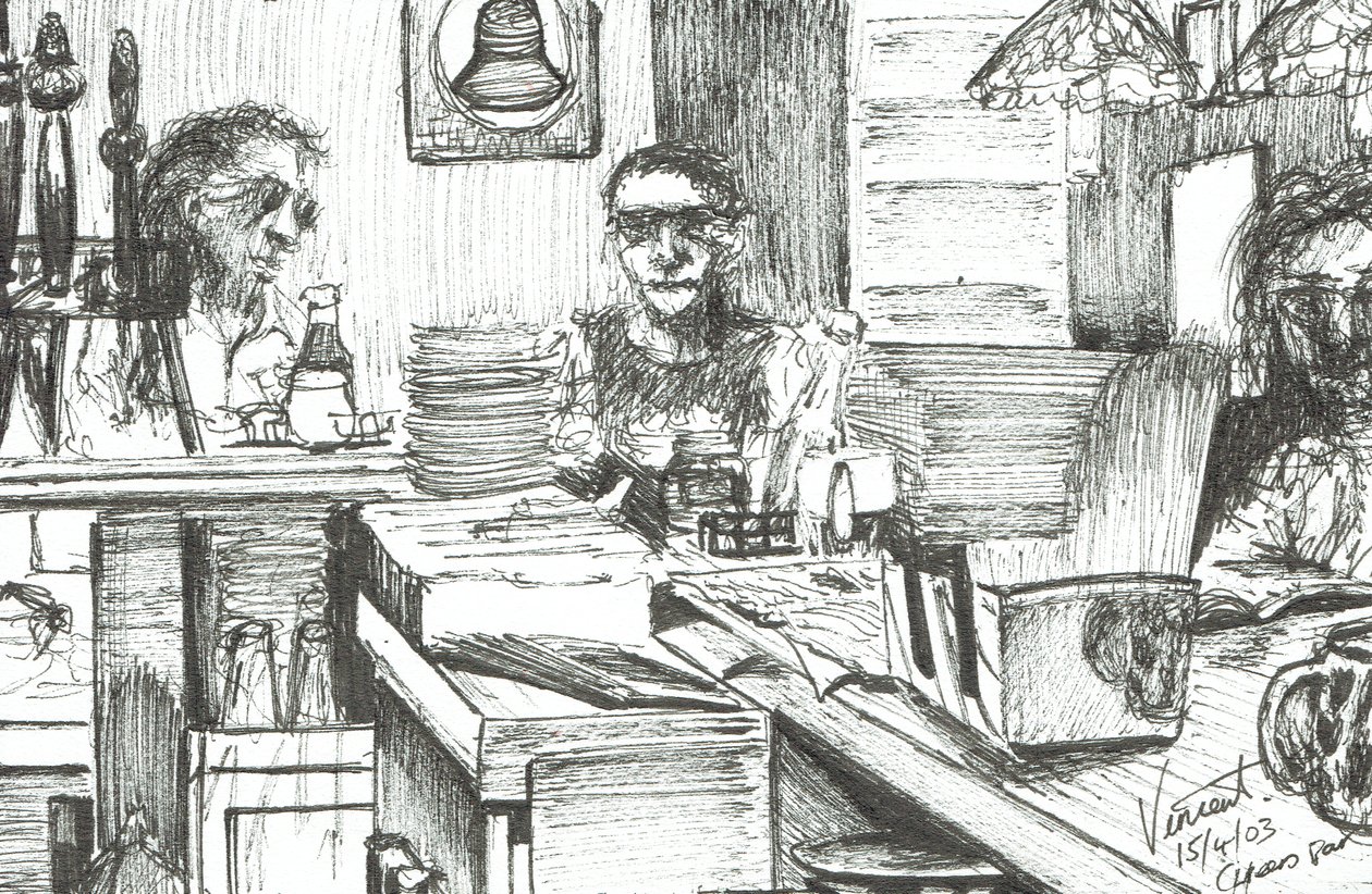 Cheers Bar Boston USA, 2003, (blæk på papir) af Vincent Alexander Booth
