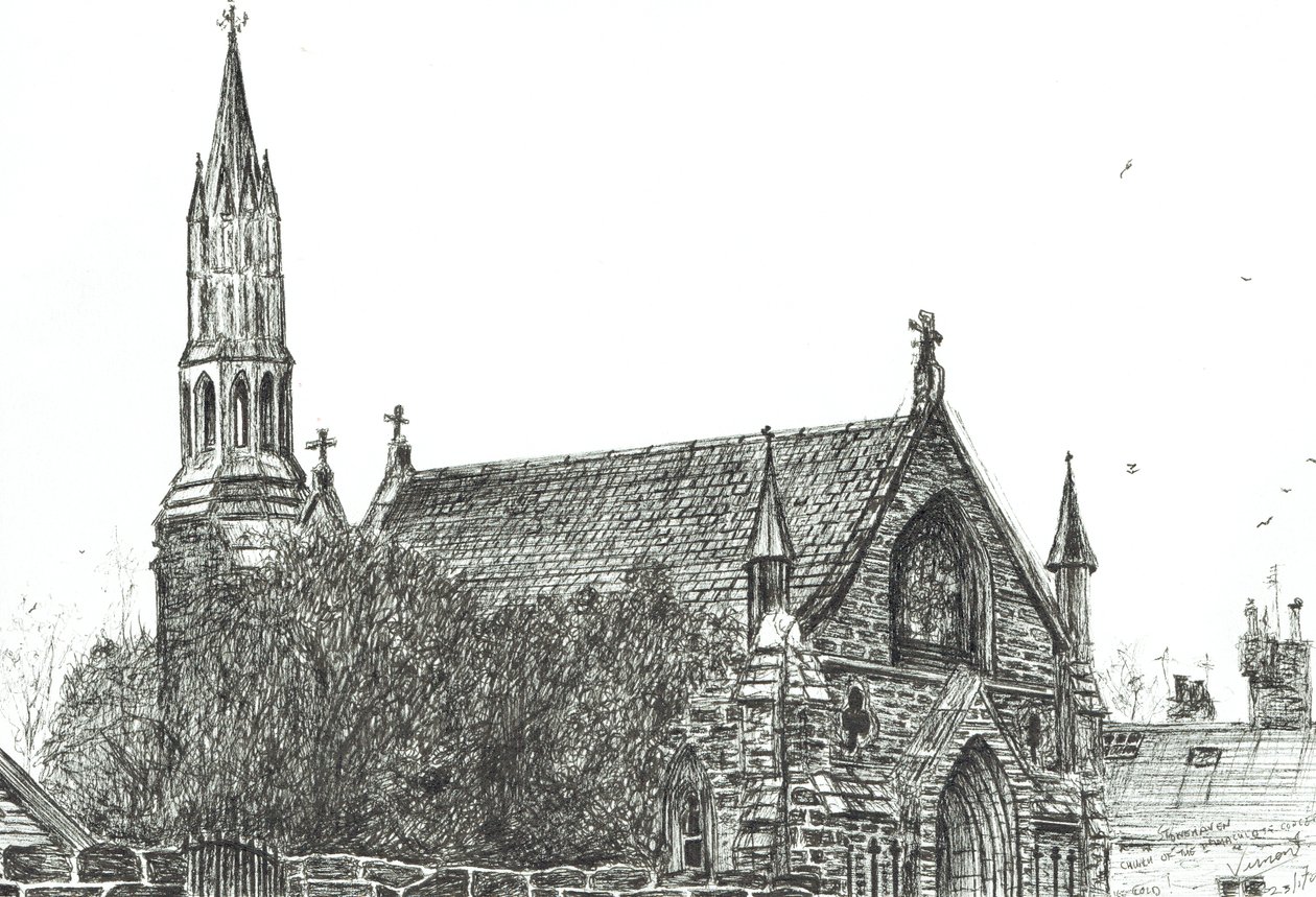 Church at Stonehaven, Skotland, 2007, (blæk på papir) af Vincent Alexander Booth