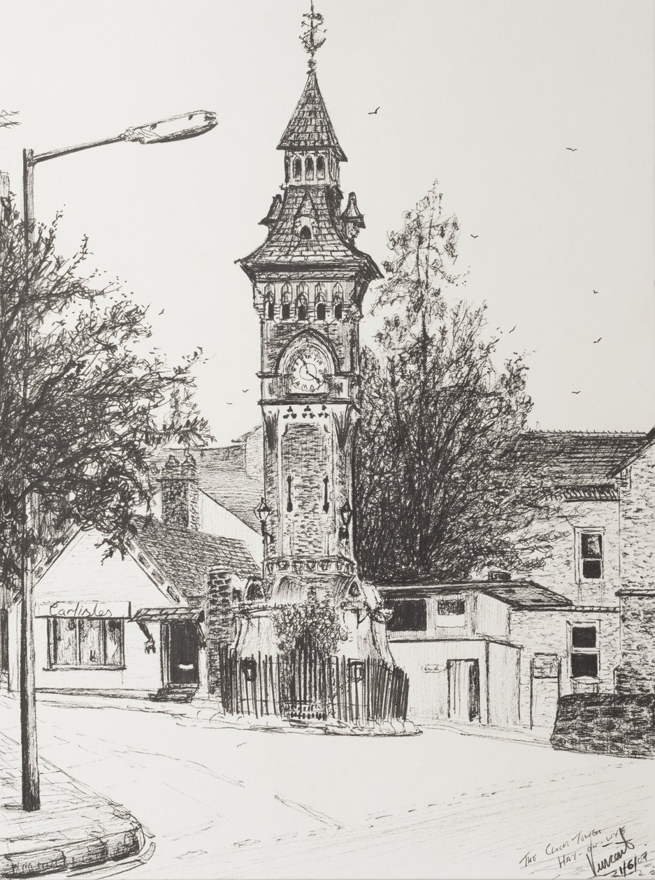 Clock Tower, Hay on Wye, 2007, (blæk på papir) af Vincent Alexander Booth