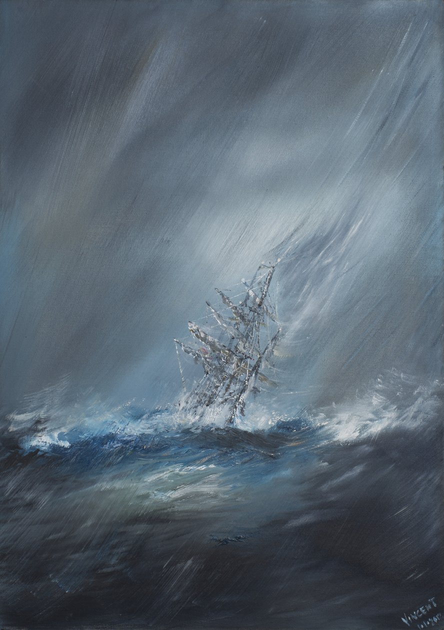 HMS Beagle i storm ud for Kap Horn den 24. december 1832. 2012, (Olie på lærred) af Vincent Alexander Booth