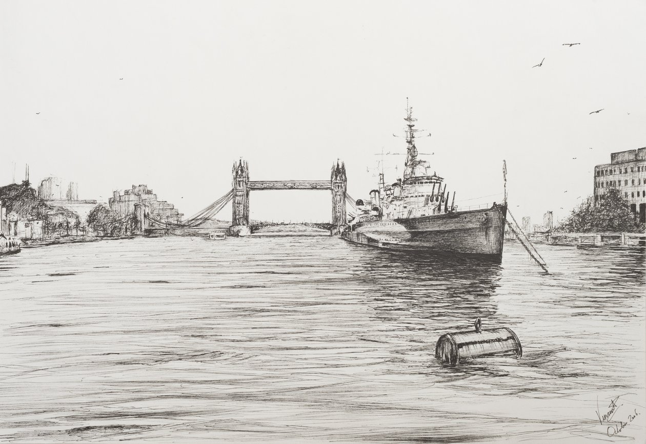 HMS Belfast ved Themsen London, 2006, (Blæk på papir) af Vincent Alexander Booth