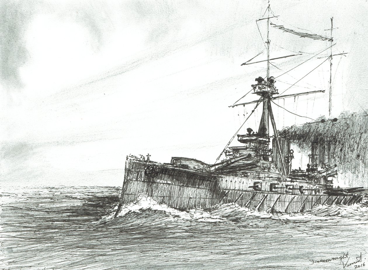 HMS Dreadnought til søs, 2017, (blæk på papir) af Vincent Alexander Booth