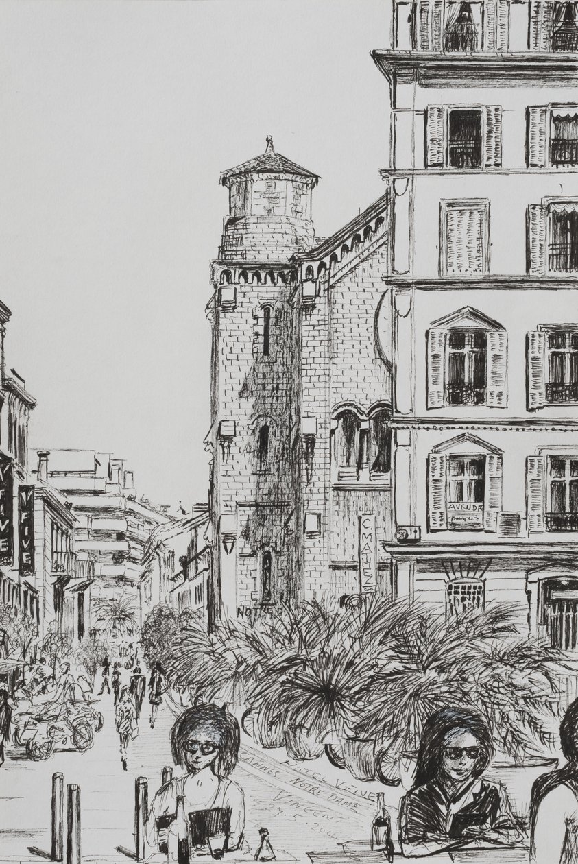 Hotel 5 og Notre Dame Cannes, 2014, (blæk på papir) af Vincent Alexander Booth