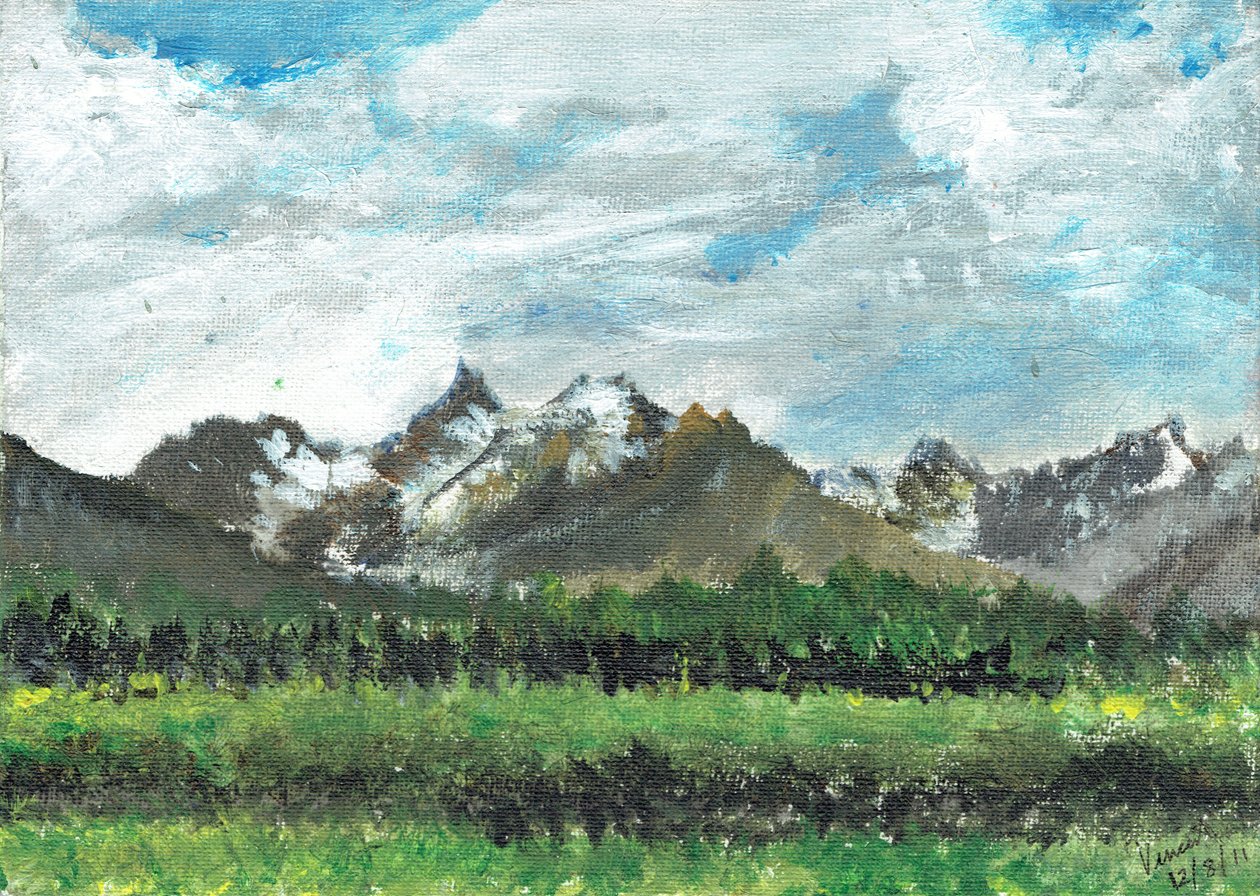 Hotel view at Crans, 2011, (akryl på lærred) af Vincent Alexander Booth