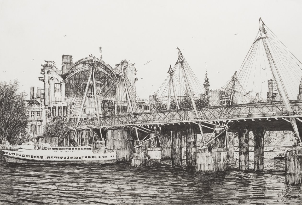 Hungerford Bridge London, 2006, (blæk på papir) af Vincent Alexander Booth