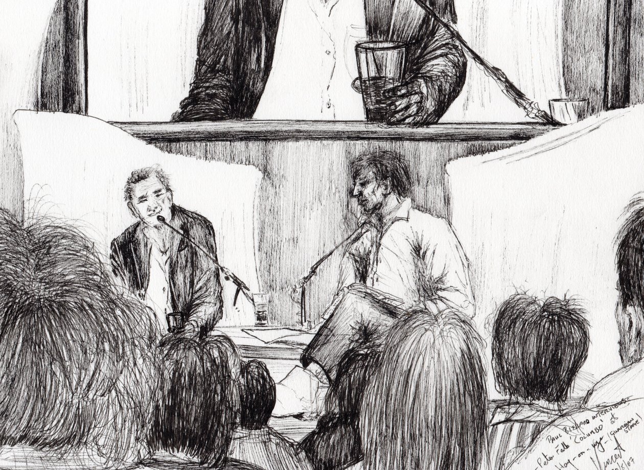 Interview hos Hay on Wye, 2007, (blæk på papir) af Vincent Alexander Booth