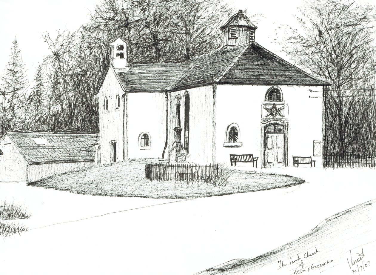 Killin & Ardeonaig Parish Church, 2007, (Blæk på papir) af Vincent Alexander Booth