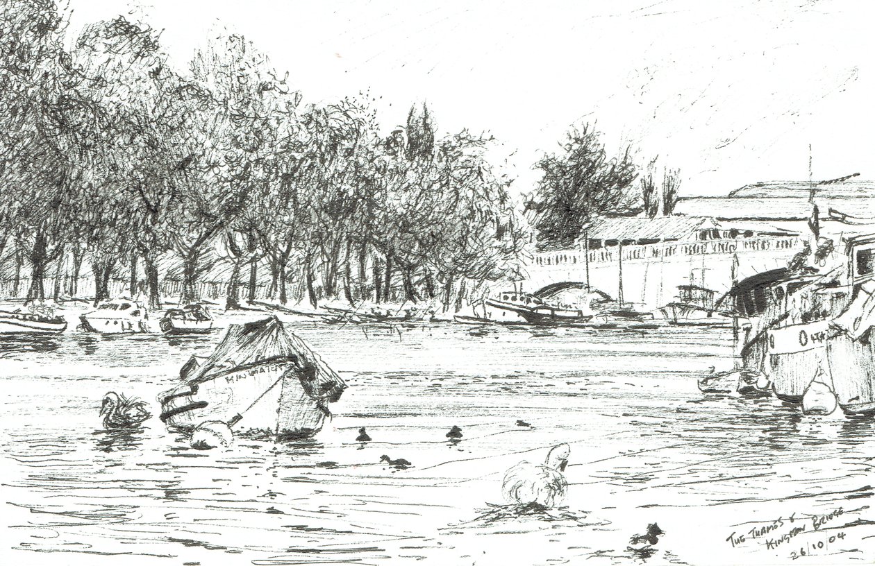 Kingston Bridge London, 2004, (Blæk på papir) af Vincent Alexander Booth