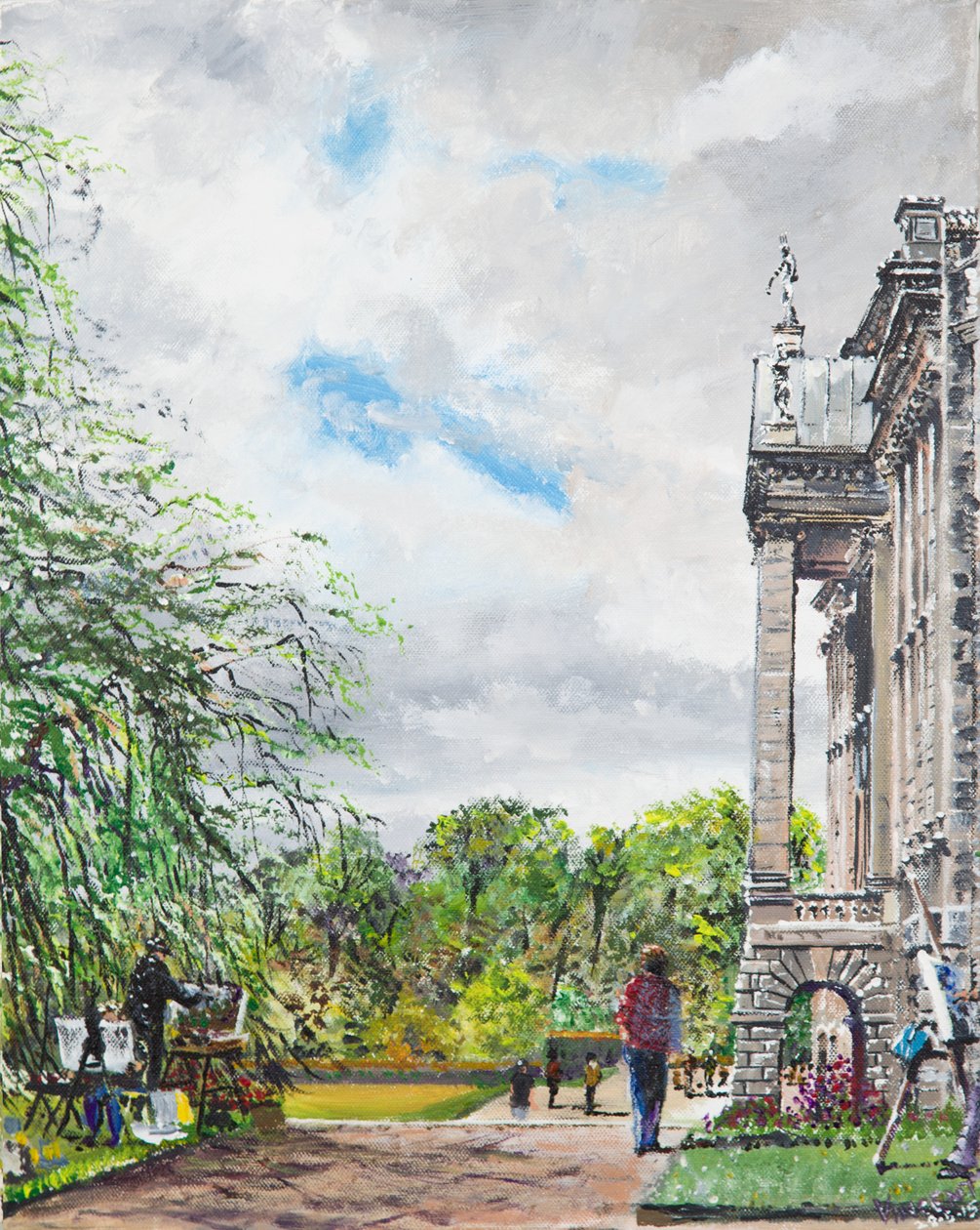 Lyme Park, udsigt over hus og haver, 2015, (Akryl på lærred) af Vincent Alexander Booth