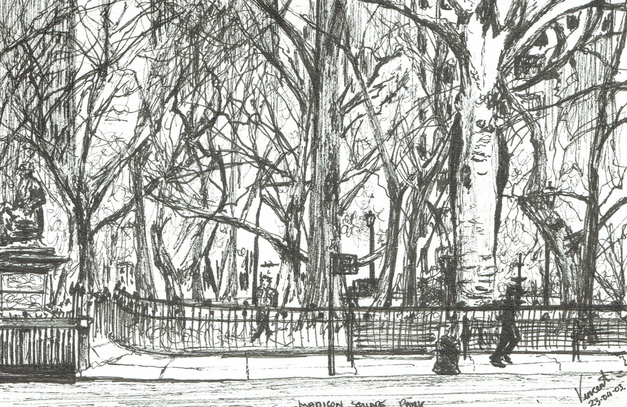 Madison square park New York, 2003, (blæk på papir) af Vincent Alexander Booth