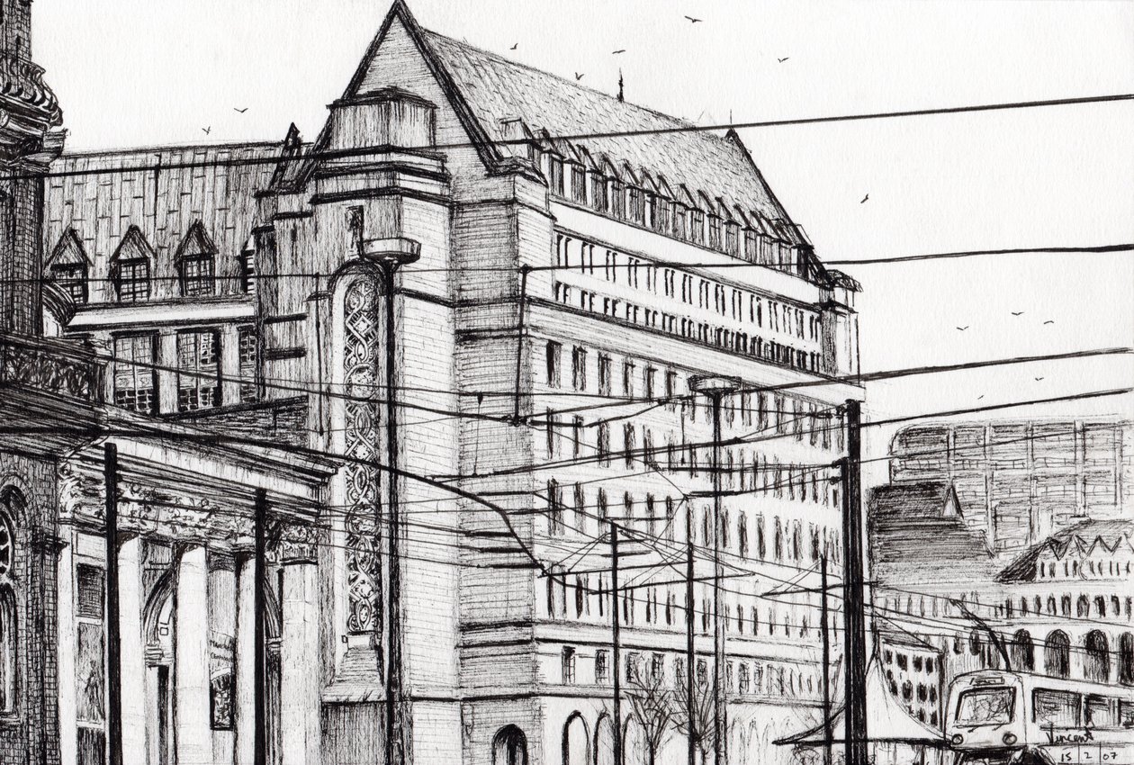 Manchester Town Hall, 2007, (blæk på papir) af Vincent Alexander Booth