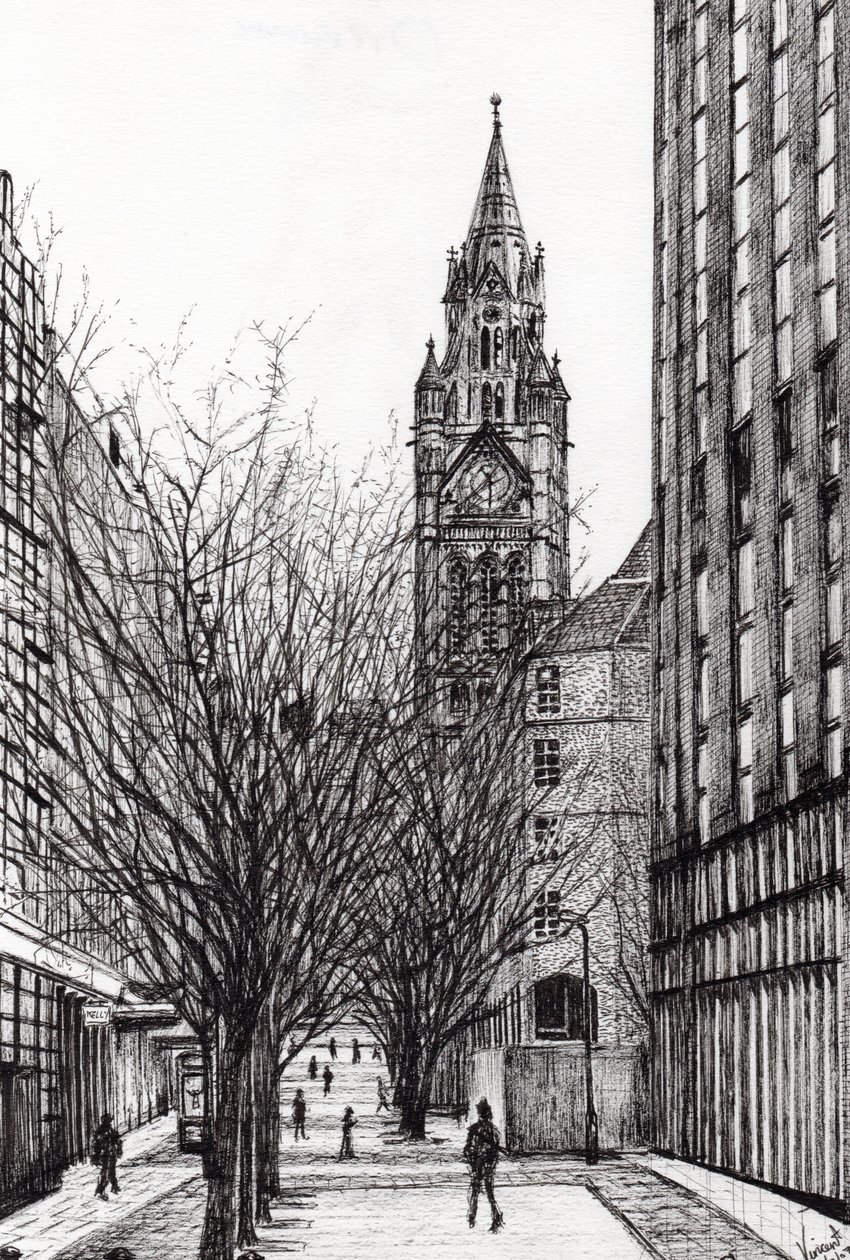 Manchester Town Hall fra Deansgate, 2007, (blæk på papir) af Vincent Alexander Booth