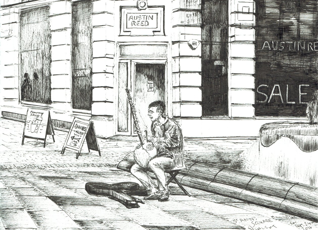 Musician St. Anns Square, 2016, (Blæk på papir) af Vincent Alexander Booth