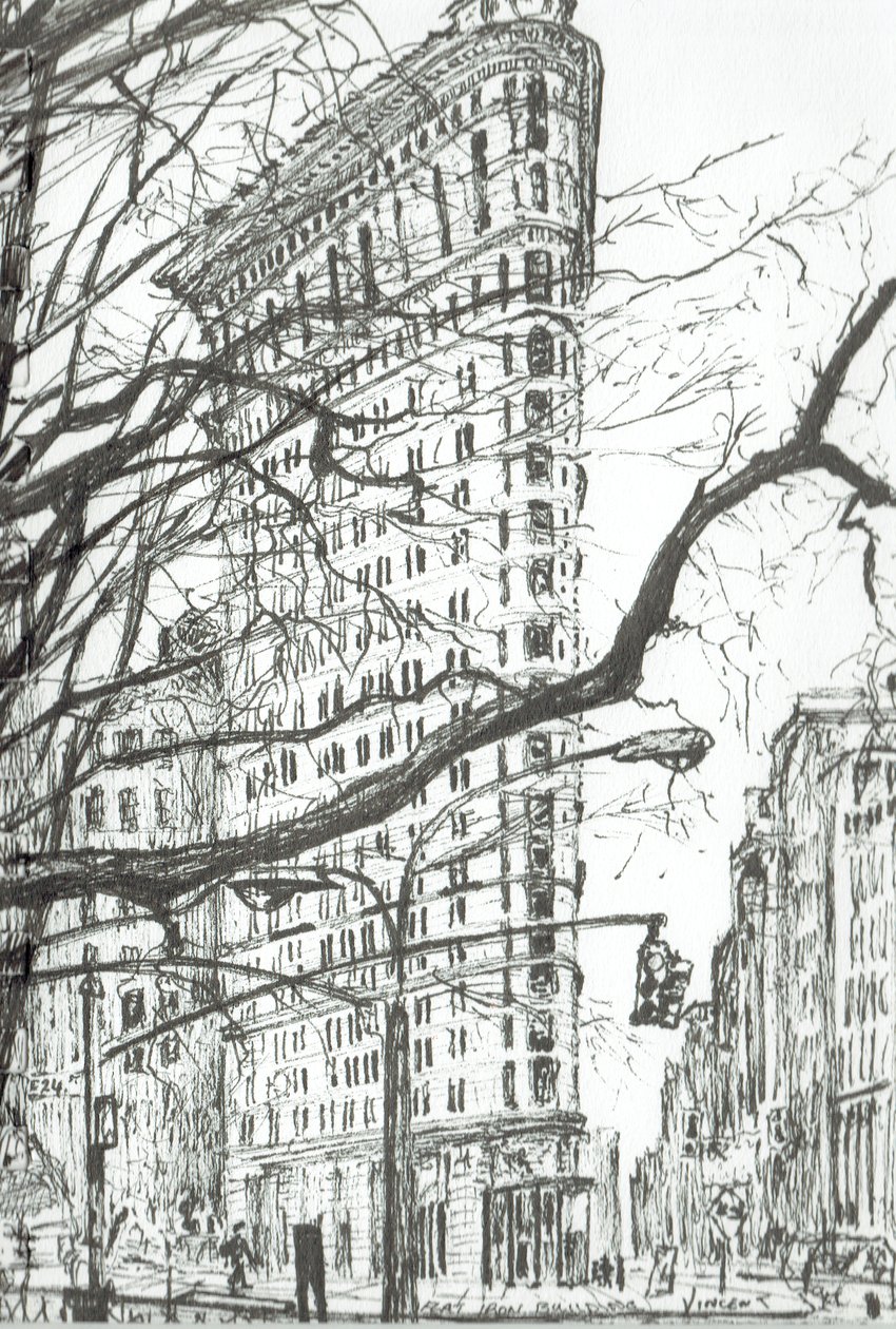 New York Flat Iron Building, 2003, (blæk på papir) af Vincent Alexander Booth