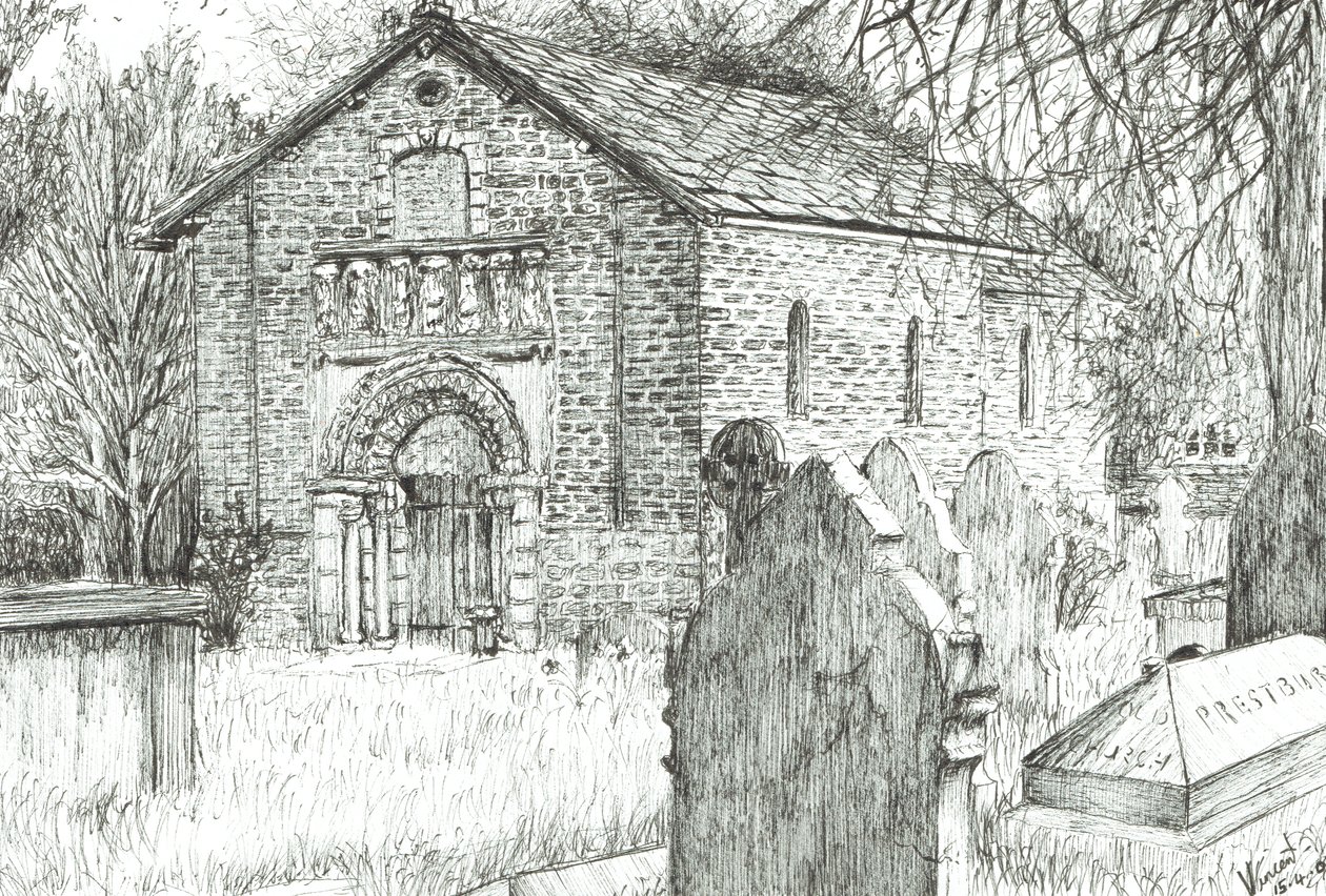 Old Church, Prestbury, 2009, (blæk på papir) af Vincent Alexander Booth