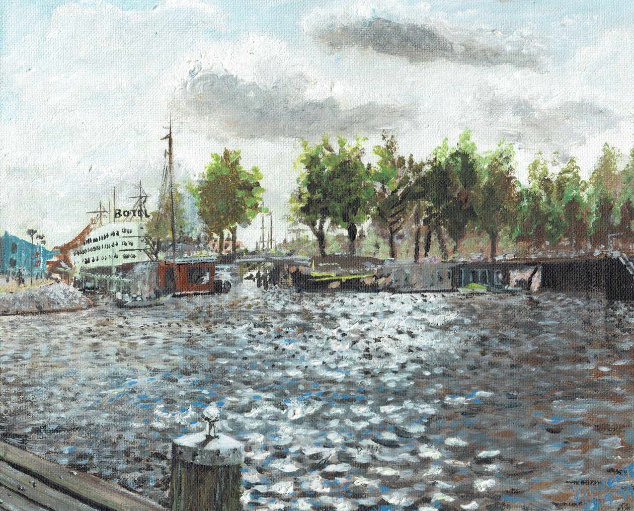 Oosterdok Amsterdam, 1999, (akryl på lærredstavle) af Vincent Alexander Booth