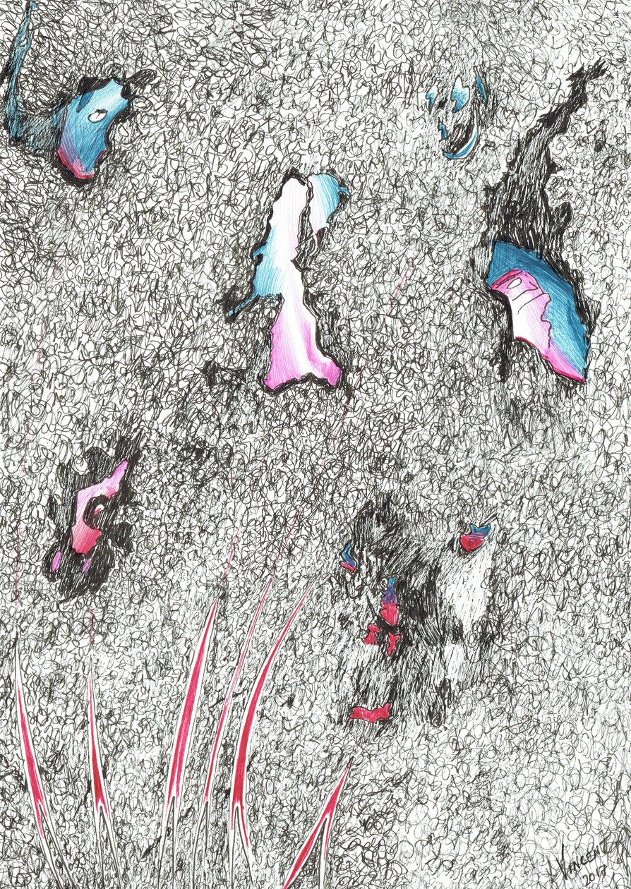 Paleheads, 2017, (blæk på papir) af Vincent Alexander Booth