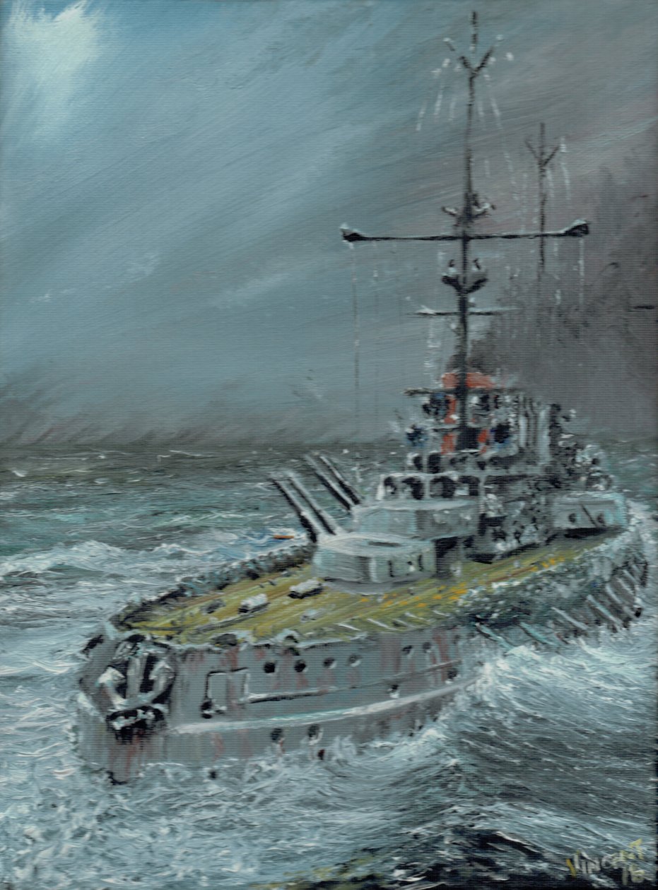 SMS Friedrich der Grosse i Jylland 1916, 2016, (olie på lærredstavle) af Vincent Alexander Booth